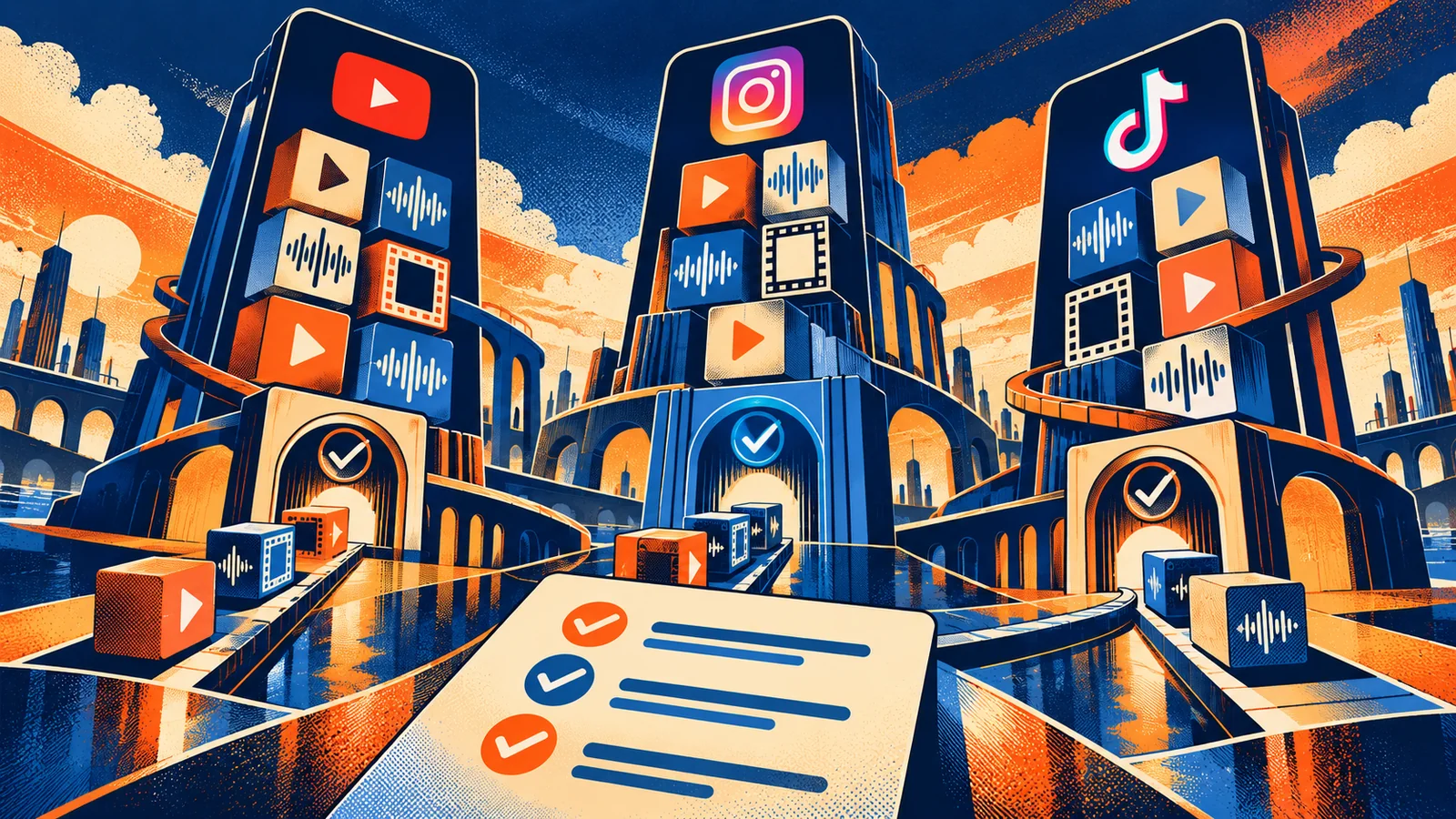 Illustrated YouTube, Instagram and TikTok towers containing video and sound blocks above separate check gates and a checklist.