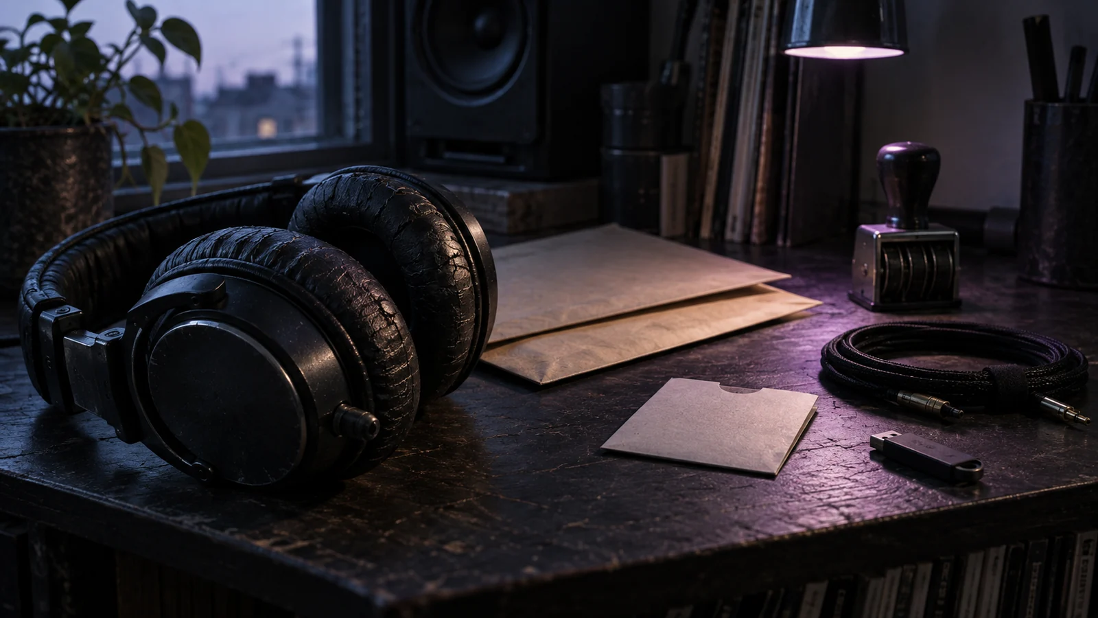 Worn headphones, blank license folders, audio cable, USB drive and small audio interface on a dark worktable.